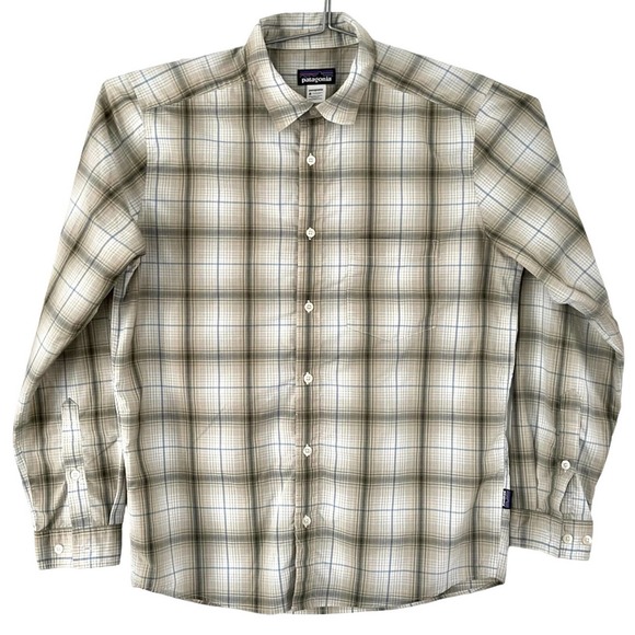 Patagonia Shirt Mens Size Medium Biege Yellow Plaid Button Up Long Sleeve - Picture 1 of 4